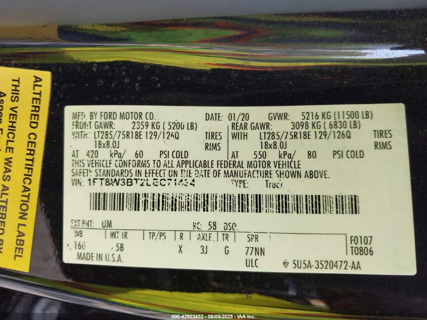 2020 Ford F-350 Lariat VIN: 1FT8W3BT2LEC71434 Lot: 42903432