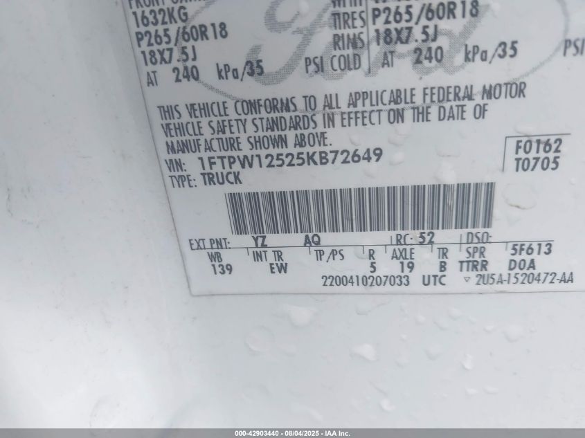 2005 Ford F-150 Lariat/Xlt VIN: 1FTPW12525KB72649 Lot: 42903440