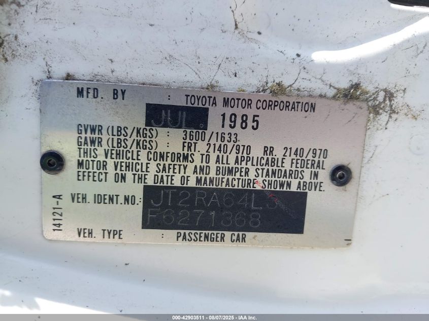 1985 Toyota Celica Gt VIN: JT2RA64L3F6271368 Lot: 42903511
