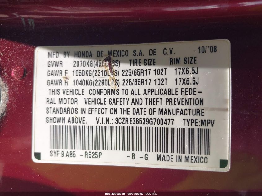 2009 Honda Cr-V Ex VIN: 3CZRE38539G700477 Lot: 42903610