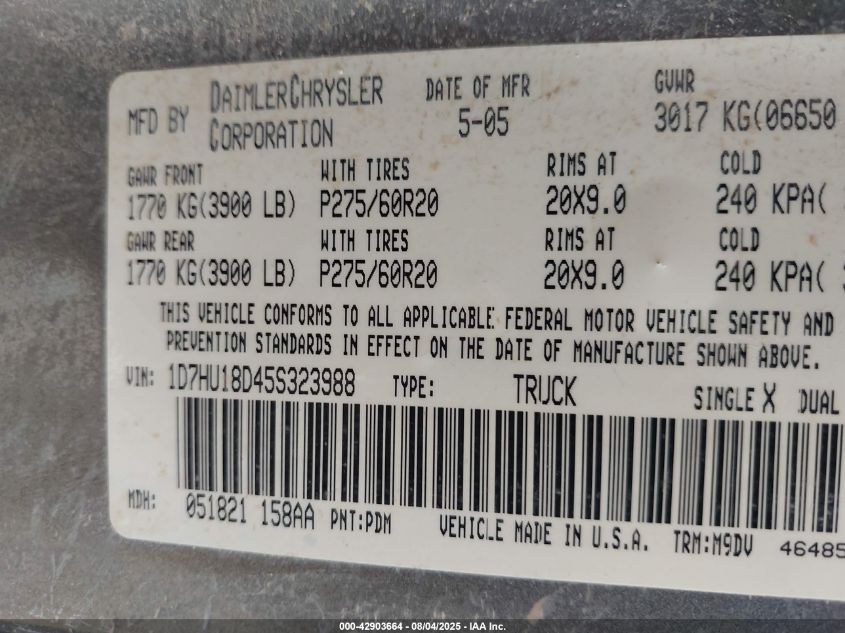 2005 Dodge Ram 1500 Slt/Laramie VIN: 1D7HU18D45S323988 Lot: 42903664