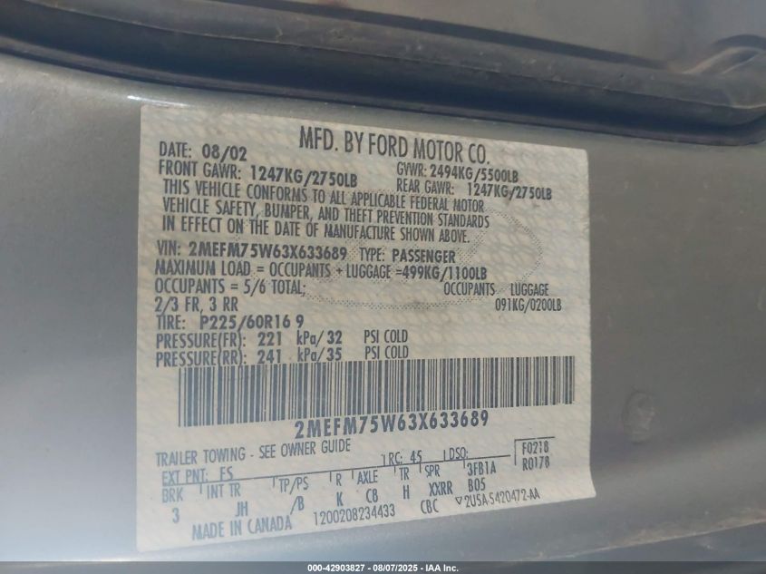 2003 Mercury Grand Marquis Ls VIN: 2MEFM75W63X633689 Lot: 42903827