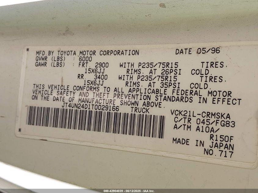 1996 Toyota T100 Xtracab Sr5 VIN: JT4UN24D1T0029166 Lot: 42904039