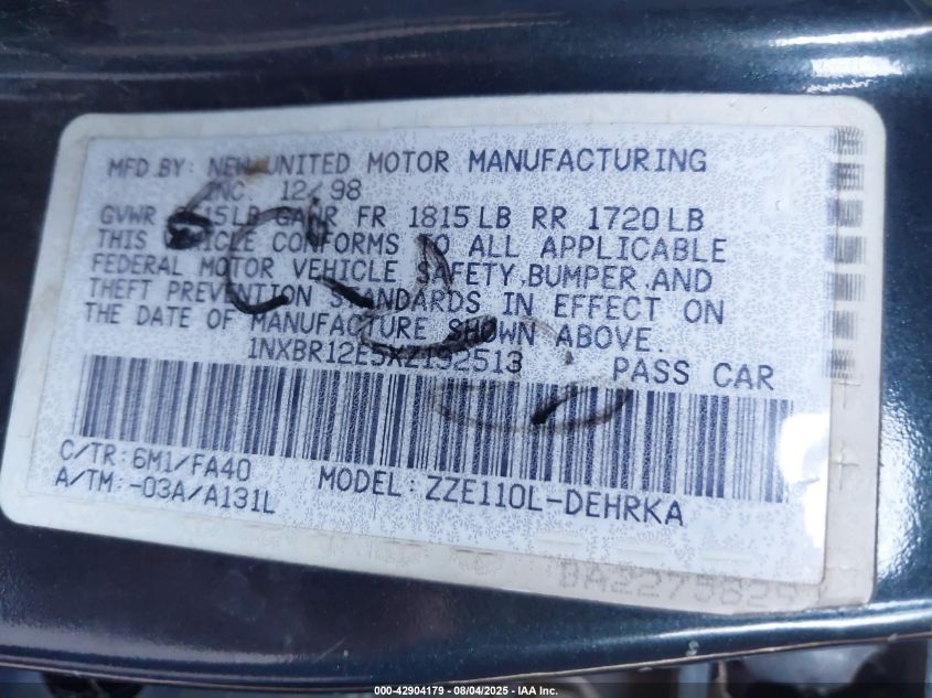 1999 Toyota Corolla Ve/Ce/Le VIN: 1NXBR12E5XZ192513 Lot: 42904179