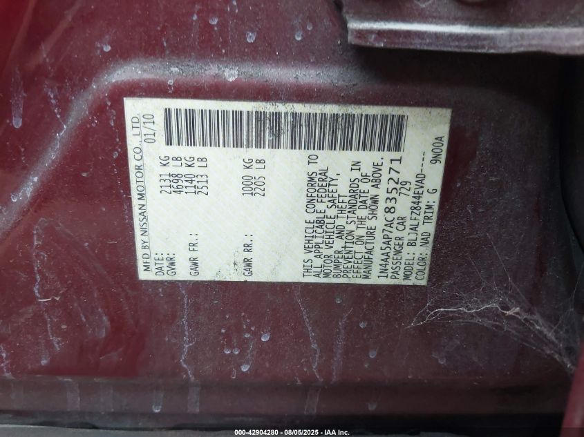 2010 Nissan Maxima S/Sv VIN: 1N4AA5AP7AC835271 Lot: 42904280