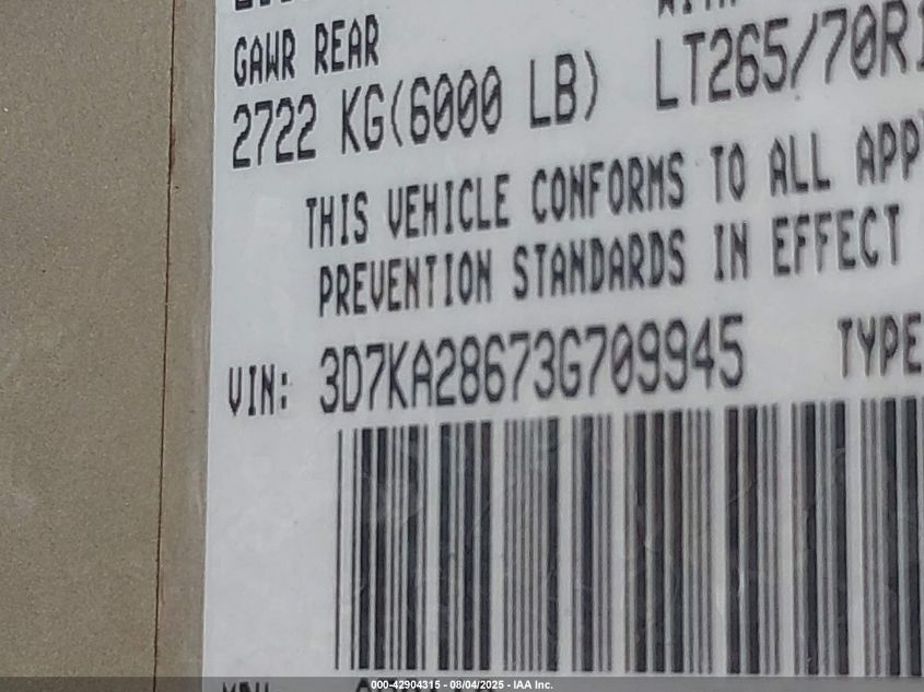 2003 Dodge Ram 2500 Slt/Laramie/St VIN: 3D7KA28673G709945 Lot: 42904315