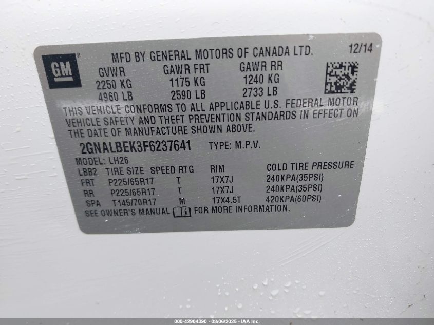 2015 Chevrolet Equinox 1Lt VIN: 2GNALBEK3F6237641 Lot: 42904390