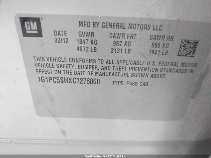 2012 Chevrolet Cruze Ls VIN: 1G1PC5SHXC7276860 Lot: 42904614