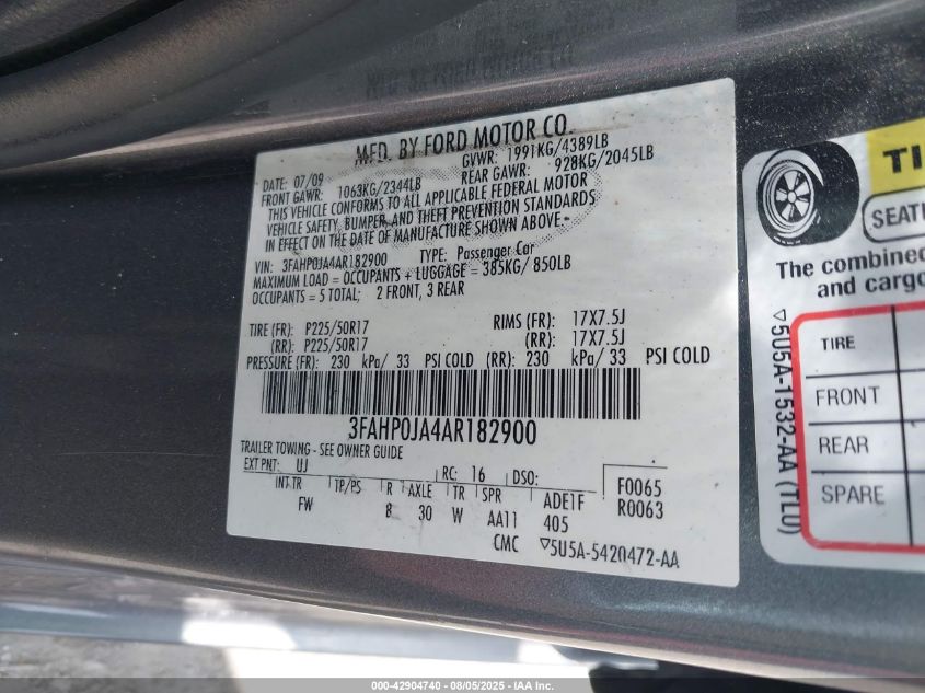 2010 Ford Fusion Sel VIN: 3FAHP0JA4AR182900 Lot: 42904740