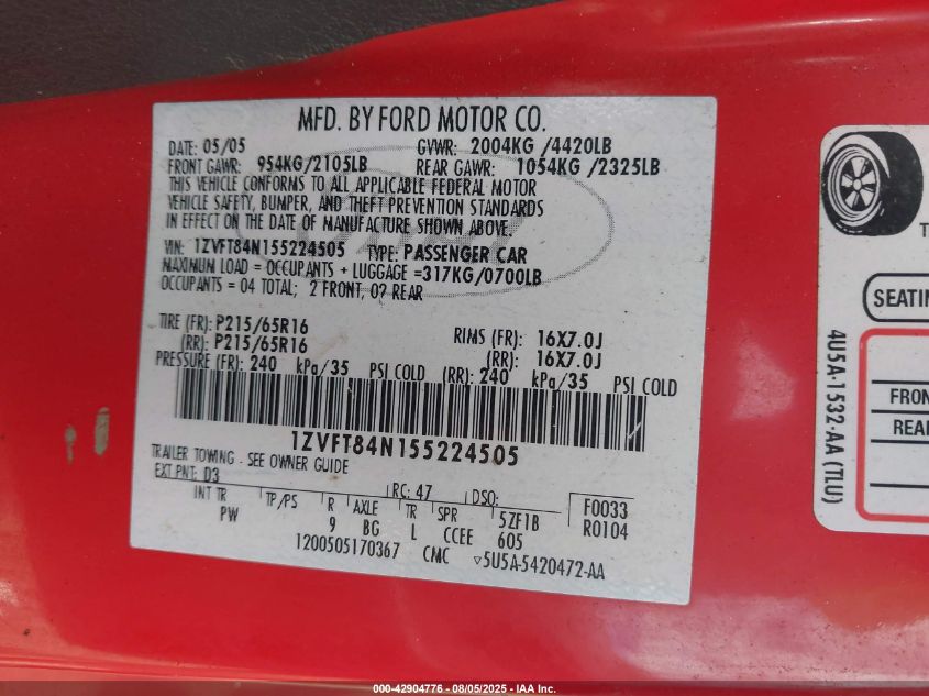 2005 Ford Mustang VIN: 1ZVFT84N155224505 Lot: 42904776