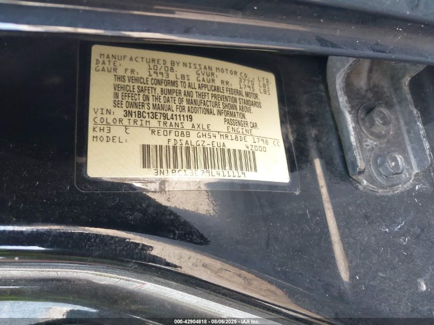 2009 Nissan Versa 1.8Sl VIN: 3N1BC13E79L411119 Lot: 42904818