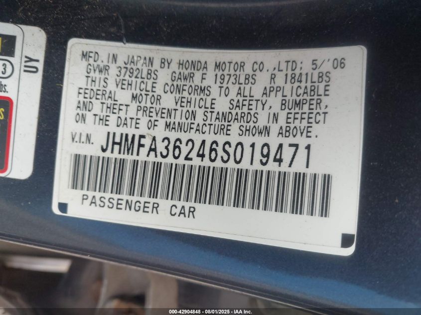 2006 Honda Civic Hybrid VIN: JHMFA36246S019471 Lot: 42904848
