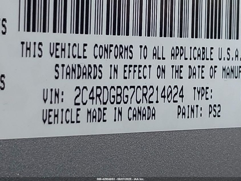 2012 Dodge Grand Caravan Se/Avp VIN: 2C4RDGBG7CR214024 Lot: 42904853