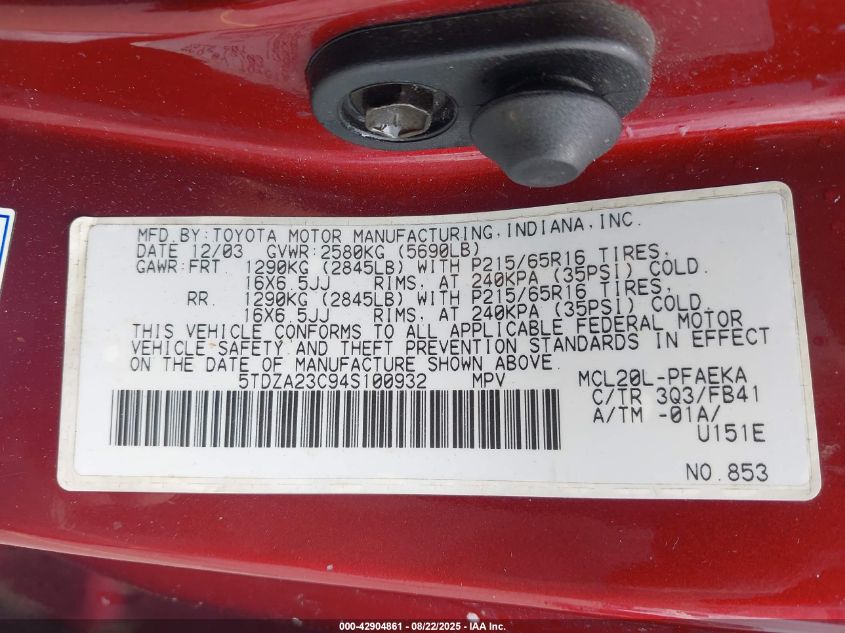 2004 Toyota Sienna Le VIN: 5TDZA23C94S100932 Lot: 42904861