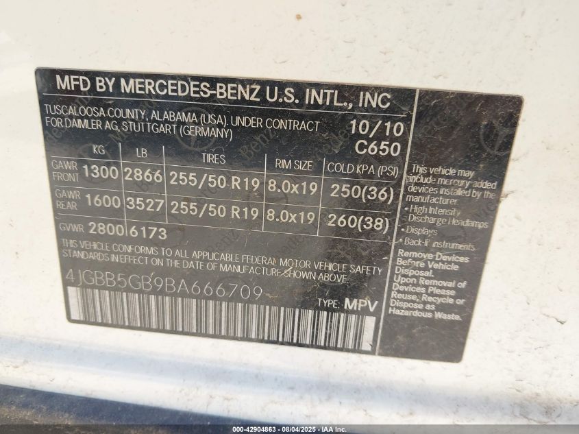 2011 Mercedes-Benz Ml 350 VIN: 4JGBB5GB9BA666709 Lot: 42904863