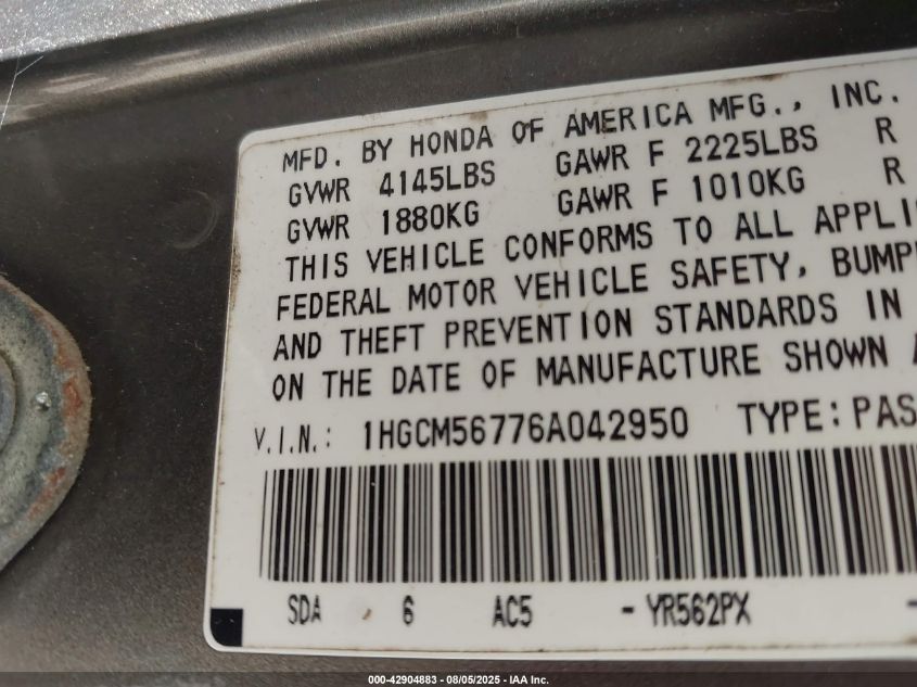 2006 Honda Accord 2.4 Ex VIN: 1HGCM56776A042950 Lot: 42904883