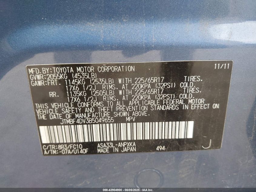 2011 Toyota Rav4 VIN: JTMBF4DV3B5049655 Lot: 42904900