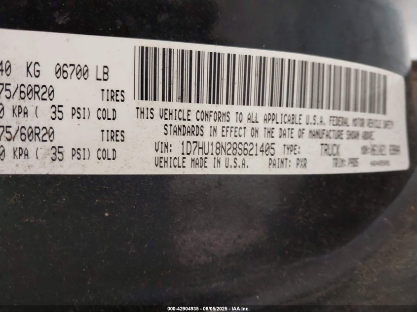 2008 Dodge Ram 1500 Slt VIN: 1D7HU18N28S621405 Lot: 42904935