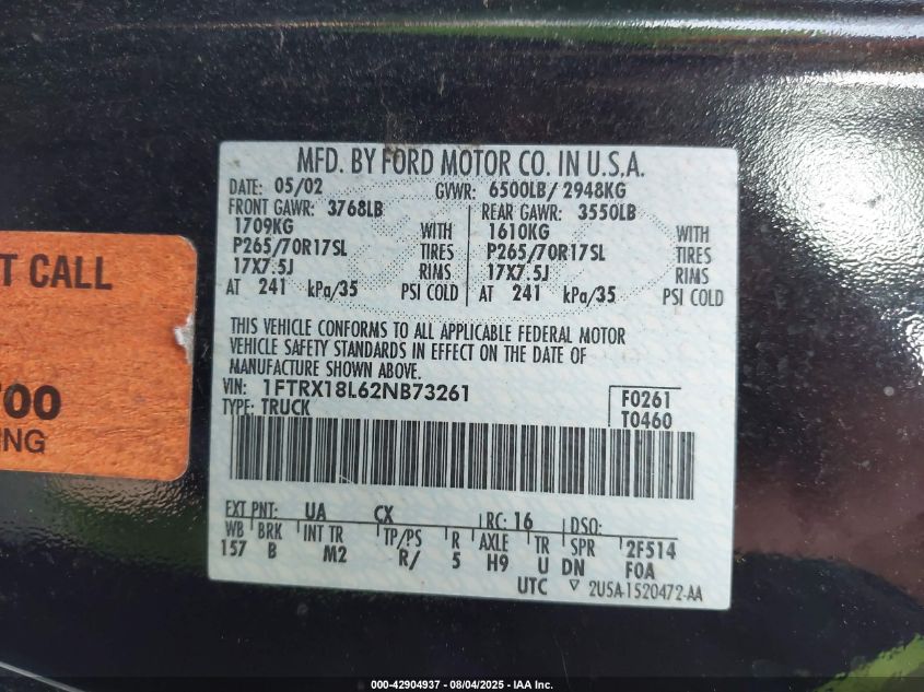 2002 Ford F-150 Lariat/Xl/Xlt VIN: 1FTRX18L62NB73261 Lot: 42904937