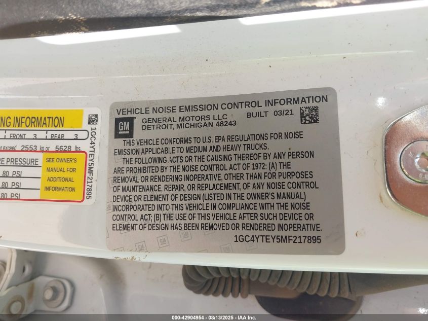 2021 Chevrolet Silverado 3500Hd 4Wd Long Bed Lt VIN: 1GC4YTEY5MF217895 Lot: 42904954