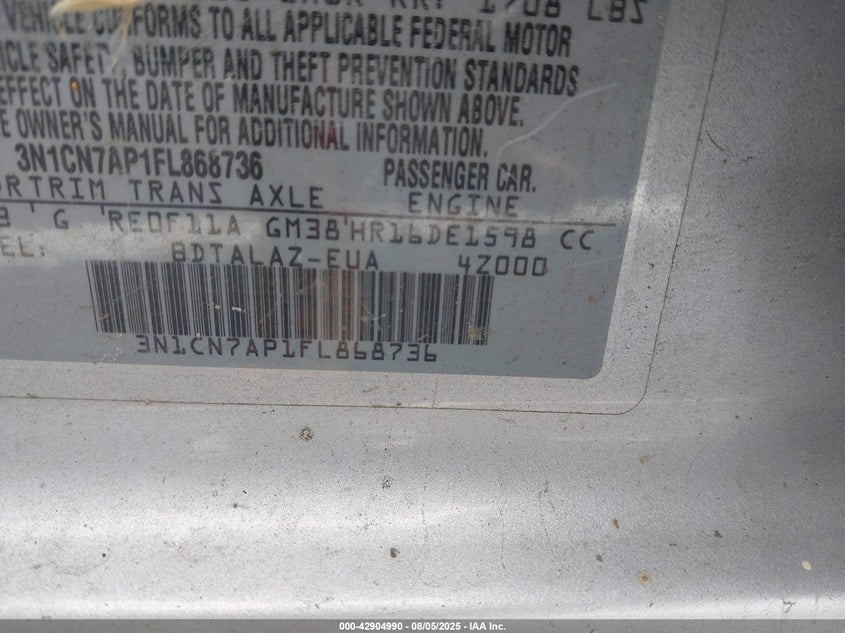 2015 NISSAN VERSA 1.6 S+ - 3N1CN7AP1FL868736