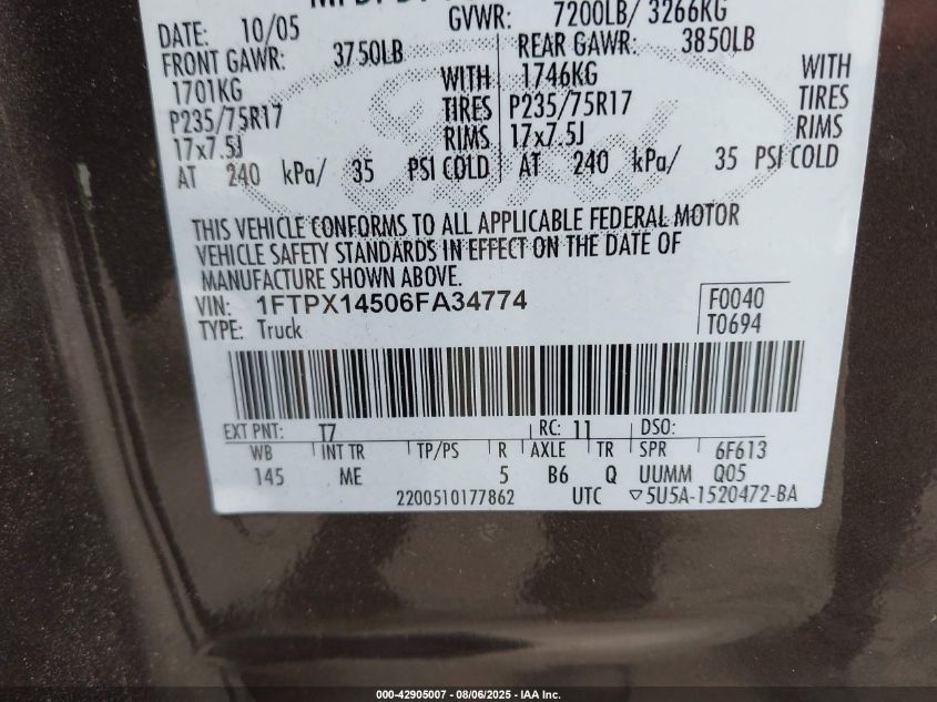 2006 Ford F-150 Fx4/Lariat/Xl/Xlt VIN: 1FTPX14506FA34774 Lot: 42905007