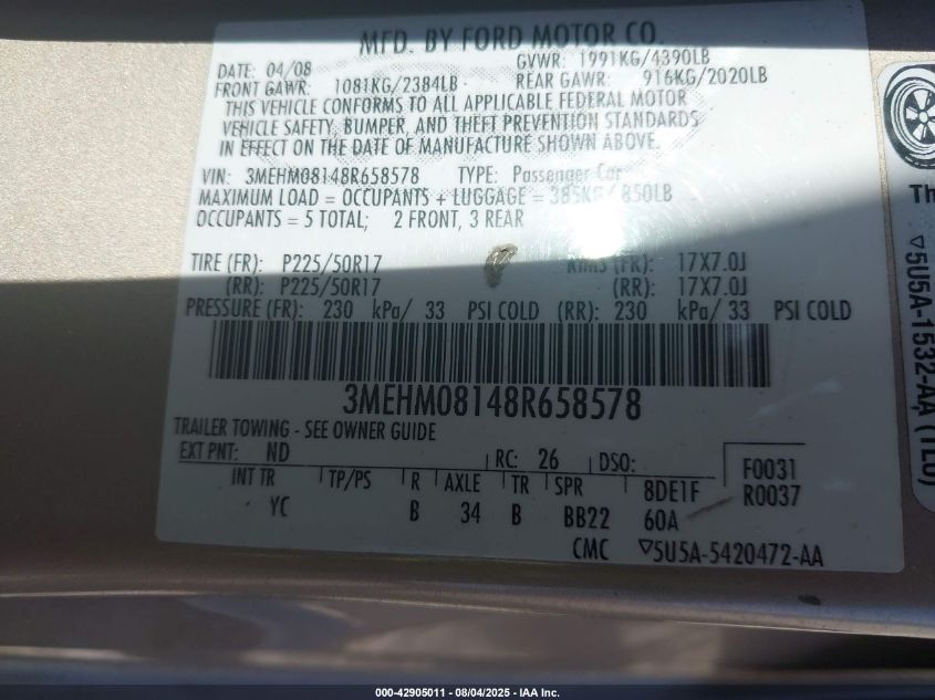 2008 Mercury Milan V6 Premier VIN: 3MEHM08148R658578 Lot: 42905011