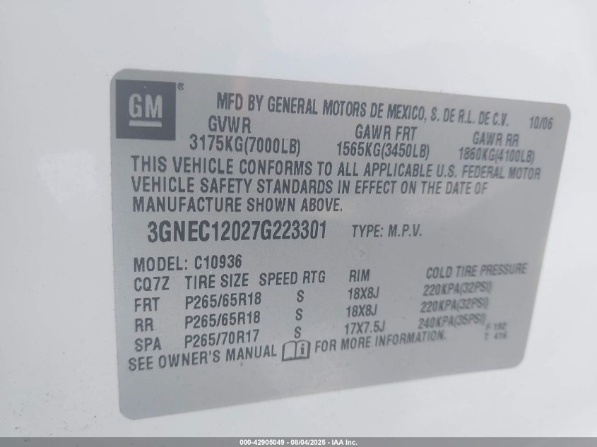 2007 Chevrolet Avalanche 1500 Lt VIN: 3GNEC12027G223301 Lot: 42905049