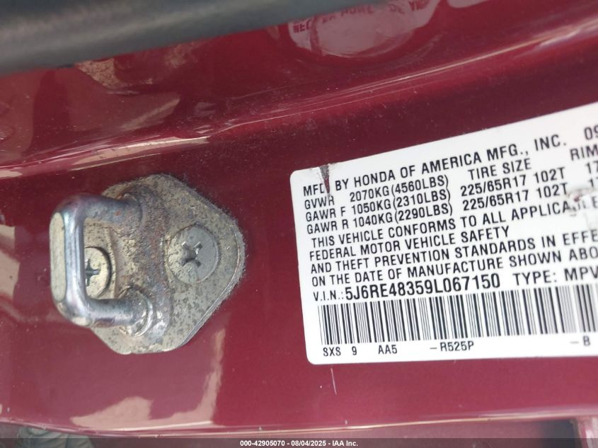 2009 Honda Cr-V Lx VIN: 5J6RE48359L067150 Lot: 42905070