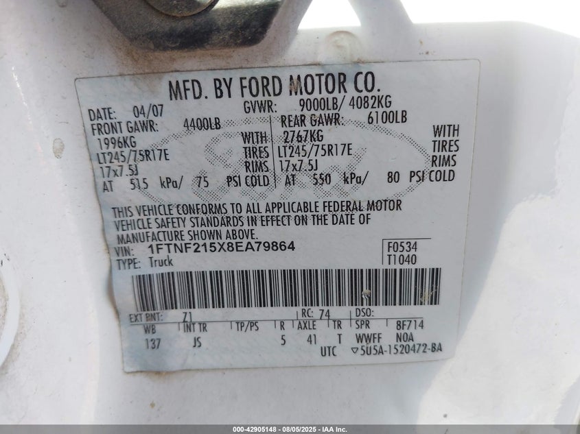 2008 Ford F-250 Xl/Xlt VIN: 1FTNF215X8EA79864 Lot: 42905148