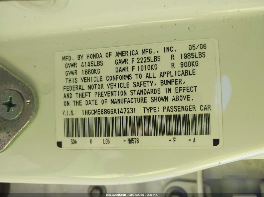 2006 Honda Accord 2.4 Ex VIN: 1HGCM56866A147231 Lot: 42905400