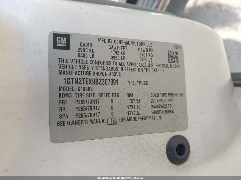 2011 GMC Sierra 1500 Work Truck VIN: 1GTN2TEX9BZ307091 Lot: 42905488