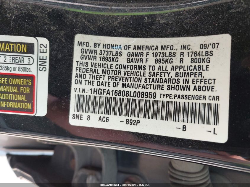 2008 Honda Civic Ex VIN: 1HGFA16808L008959 Lot: 42905604