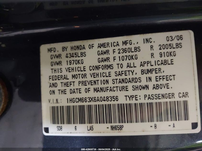 2006 Honda Accord 3.0 Lx VIN: 1HGCM663X6A048356 Lot: 42905738