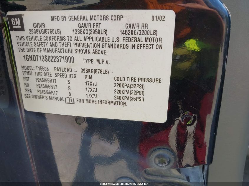 2002 Chevrolet Trailblazer Ltz VIN: 1GNDT13S022371900 Lot: 42905758