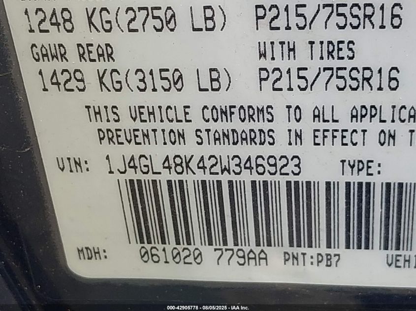2002 Jeep Liberty Sport VIN: 1J4GL48K42W346923 Lot: 42905778