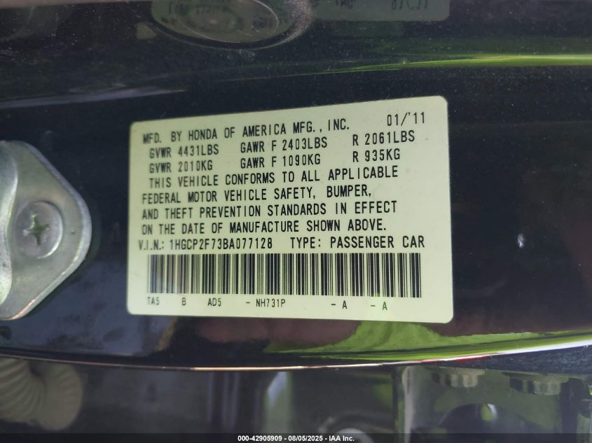 2011 Honda Accord 2.4 Ex VIN: 1HGCP2F73BA077128 Lot: 42905909