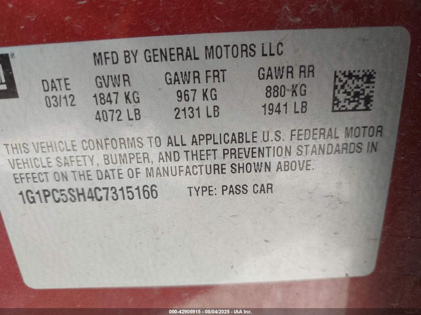 2012 Chevrolet Cruze Ls VIN: 1G1PC5SH4C7315166 Lot: 42905915