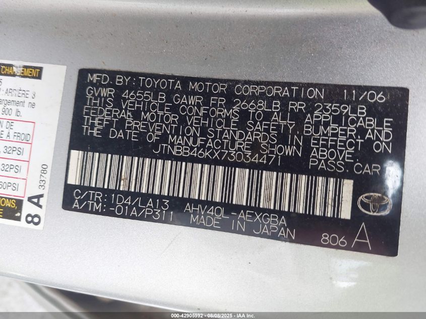 2007 Toyota Camry Hybrid VIN: JTNBB46KX73034471 Lot: 42905992