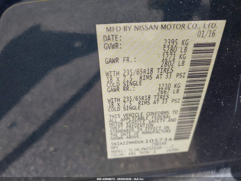 2016 NISSAN MURANO PLATINUM/S/SL/SV - 5N1AZ2MH0GN105734
