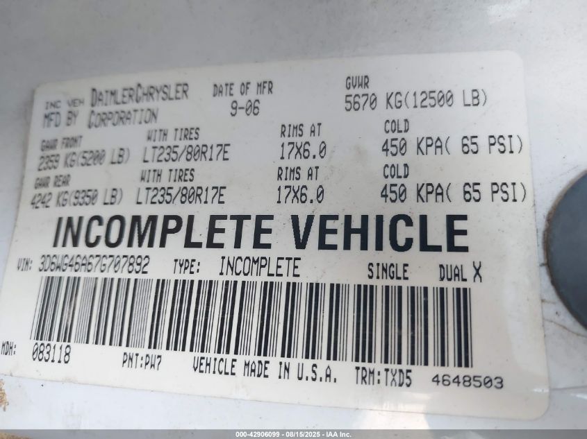 2007 Dodge Ram 3500 Hd Chassis St/Slt VIN: 3D6WG46A67G707892 Lot: 42906099