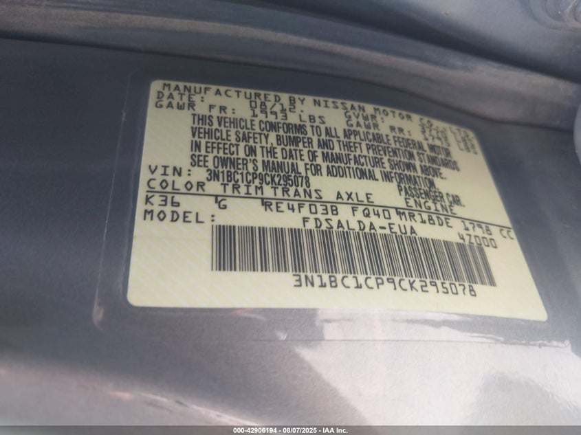 2012 Nissan Versa 1.8 S VIN: 3N1BC1CP9CK295078 Lot: 42906194