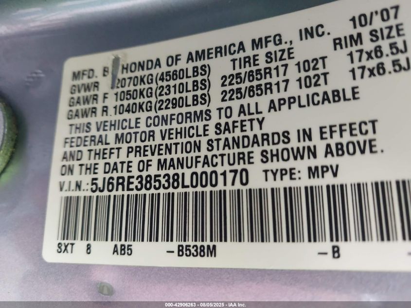 2008 Honda Cr-V Ex VIN: 5J6RE38538L000170 Lot: 42906263