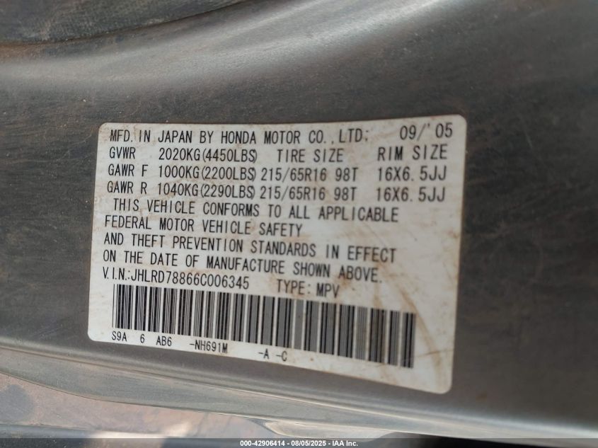 2006 Honda Cr-V Ex VIN: JHLRD78866C006345 Lot: 42906414