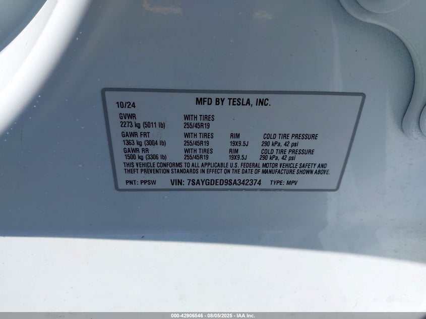 2025 TESLA MODEL Y(VIN: 7SAYGDED9SA342374