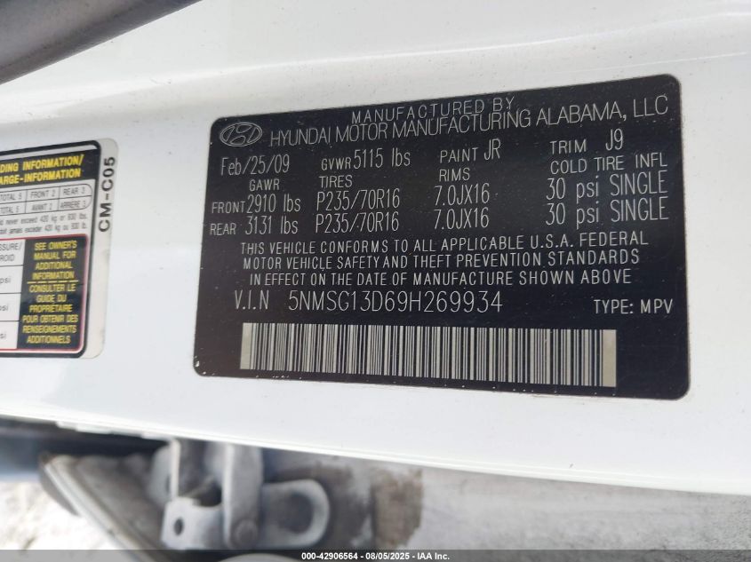 2009 Hyundai Santa Fe Gls VIN: 5NMSG13D69H269934 Lot: 42906564