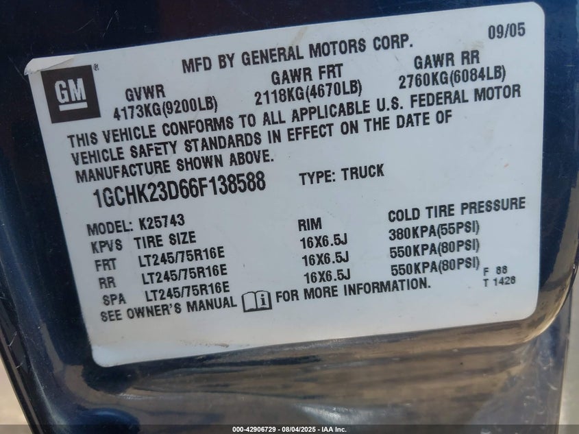 2006 Chevrolet Silverado 2500Hd Lt1 VIN: 1GCHK23D66F138588 Lot: 42906729