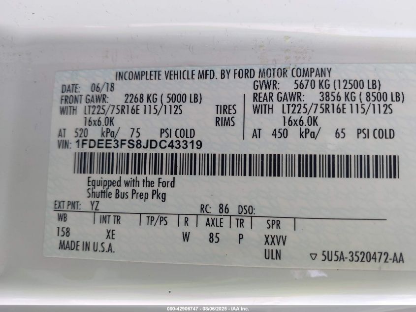 2018 Ford E-350 Cutaway VIN: 1FDEE3FS8JDC43319 Lot: 42906747