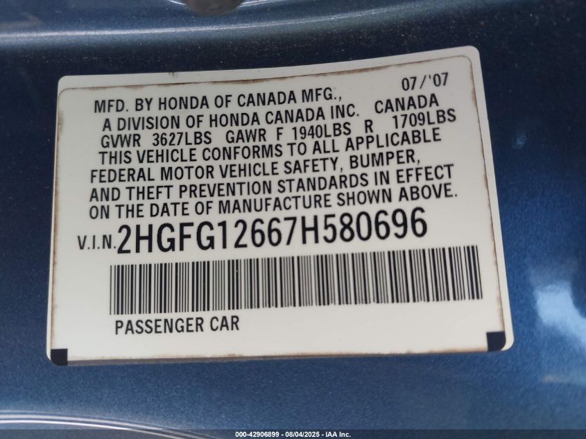 2007 Honda Civic Lx VIN: 2HGFG12667H580696 Lot: 42906899