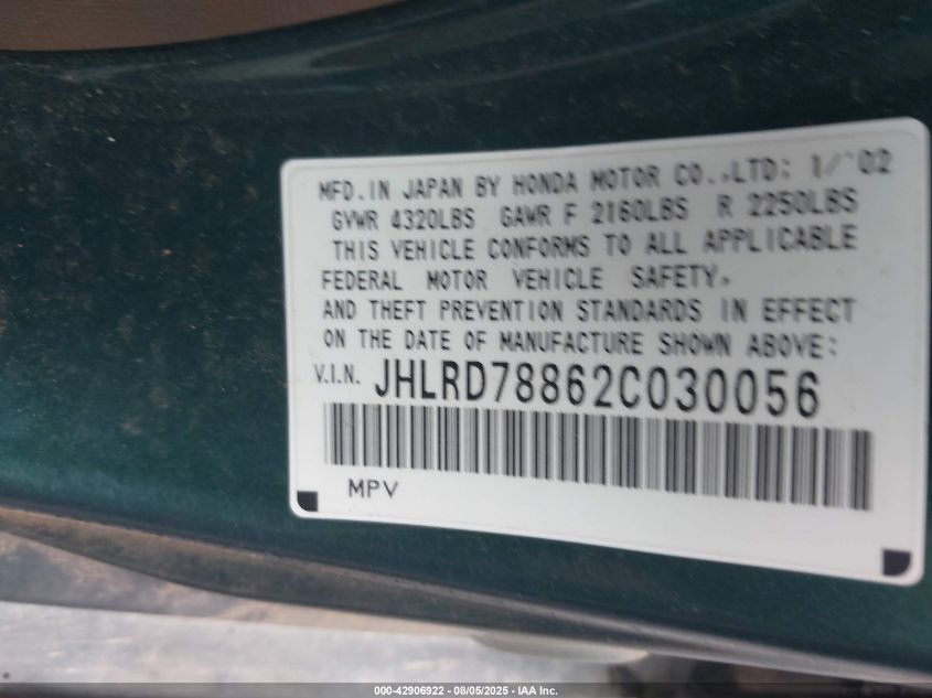 2002 Honda Cr-V Ex VIN: JHLRD78862C030056 Lot: 42906922
